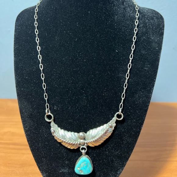 Vintage Sterling Silver Feather Necklace W/ Turquoise Pendant Necklace